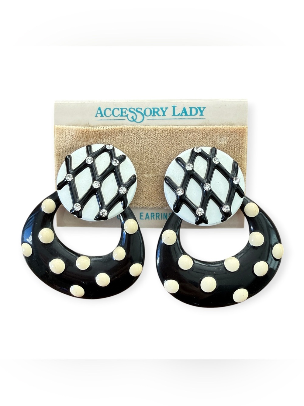 Vintage 1980s Accessory Lady Polka Dot Statement Earrings Rhinestone Clip On NOS